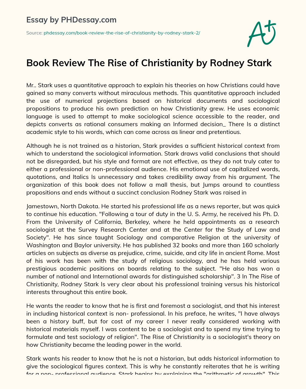 Book Review The Rise of Christianity by Rodney Stark essay