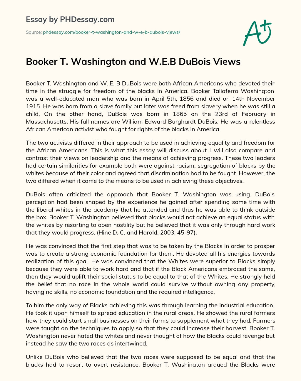 Booker T. Washington and W.E.B DuBois Views essay