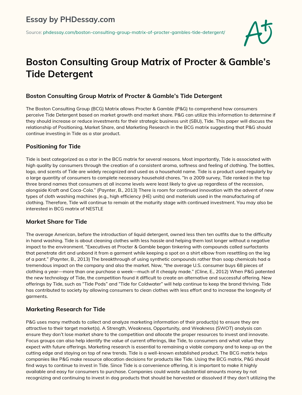 Boston Consulting Group Matrix of Procter & Gamble’s Tide Detergent essay