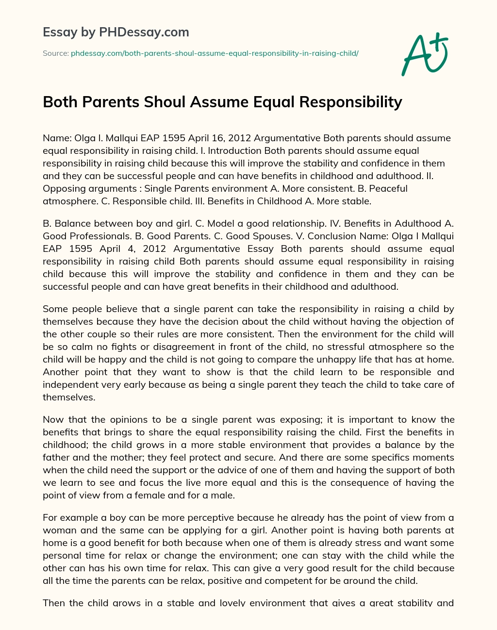 Both Parents Shoul Assume Equal Responsibility essay