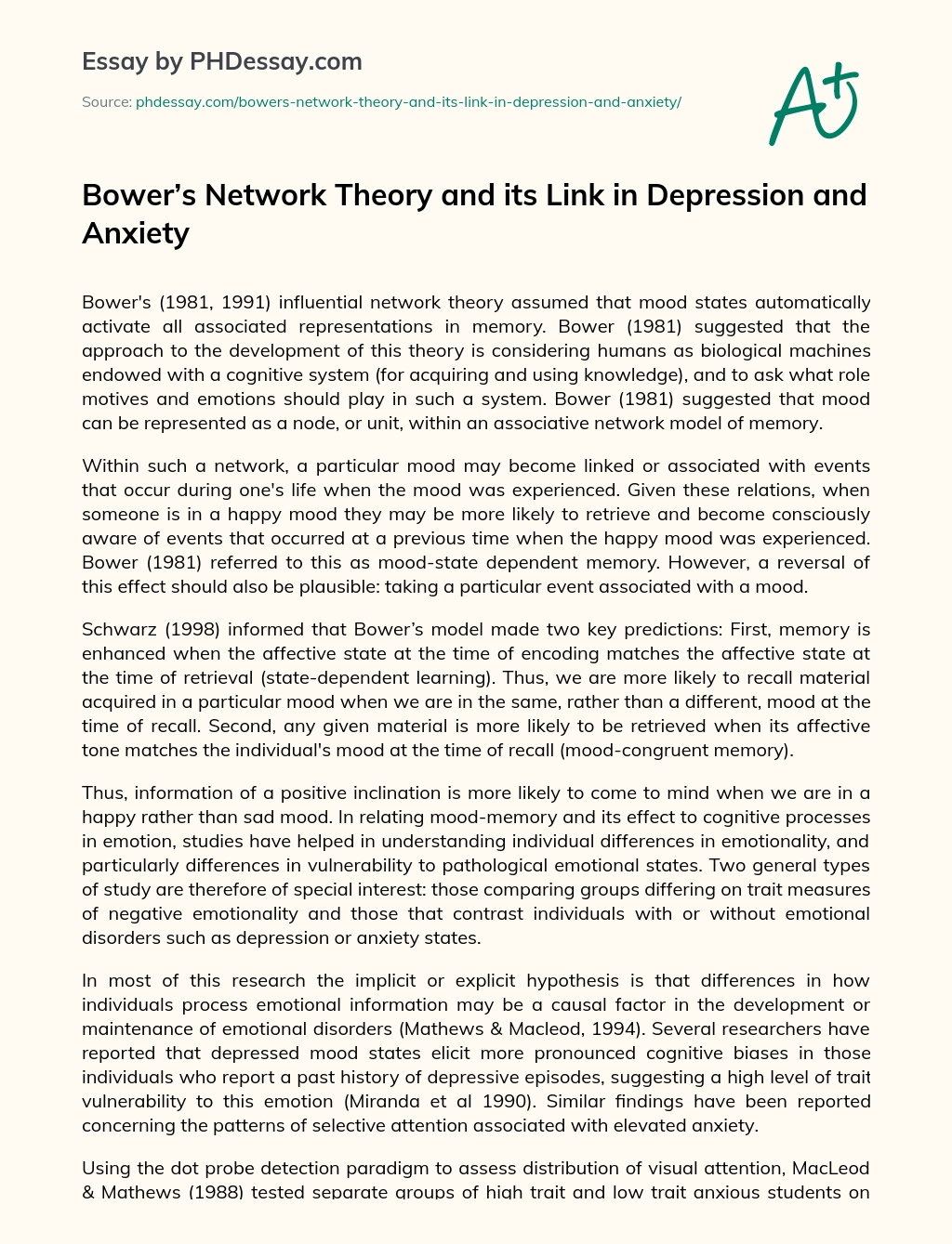 Bower’s Network Theory and its Link in Depression and Anxiety essay