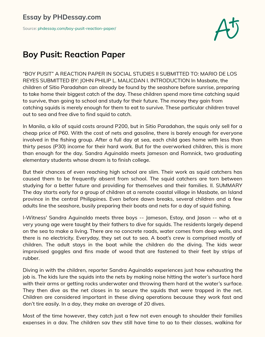 Boy Pusit: Reaction Paper essay
