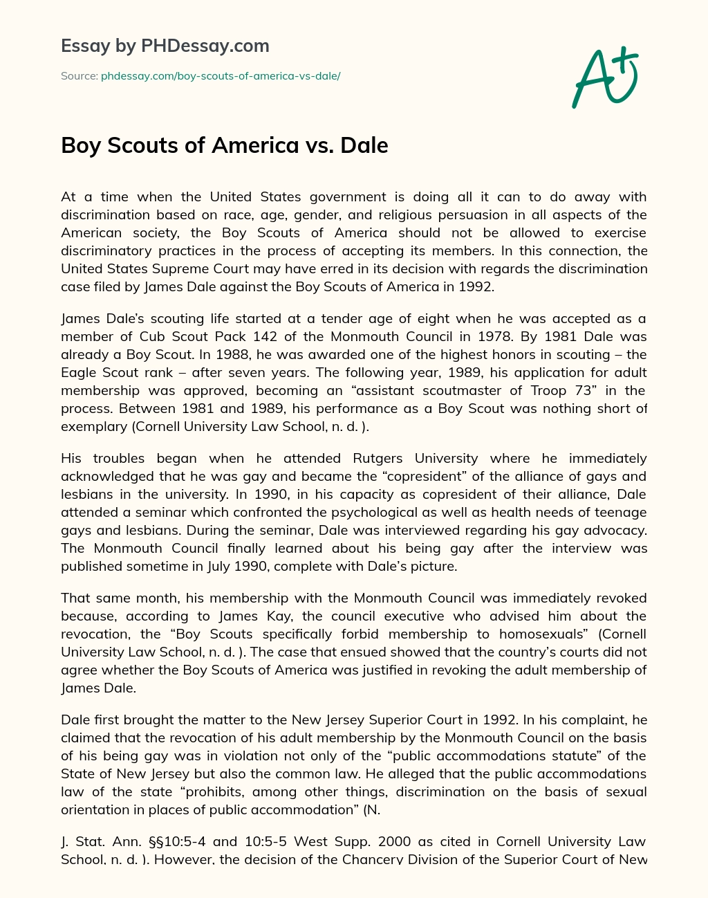 Boy Scouts of America vs. Dale essay