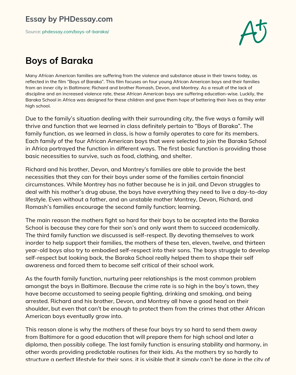 Boys of Baraka essay