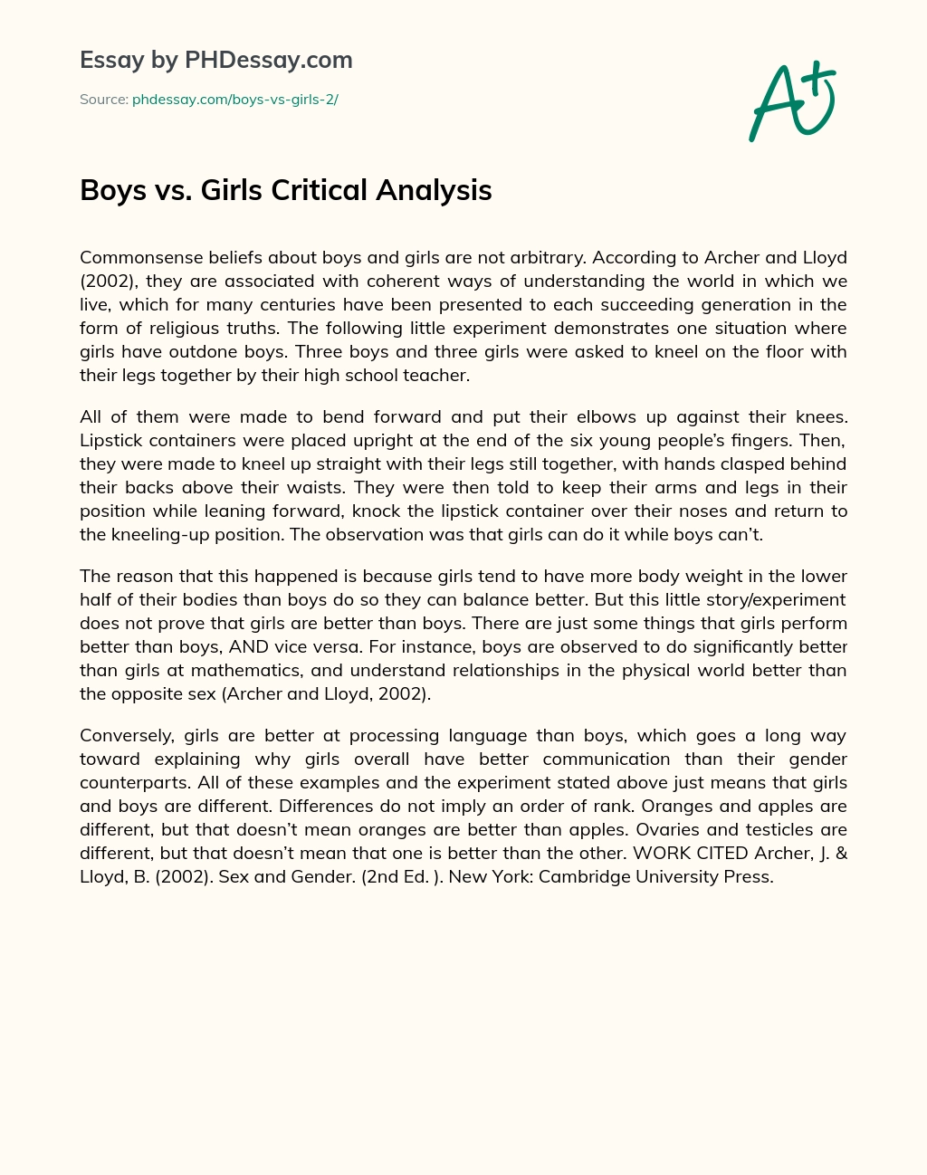 Boys vs. Girls Critical Analysis essay