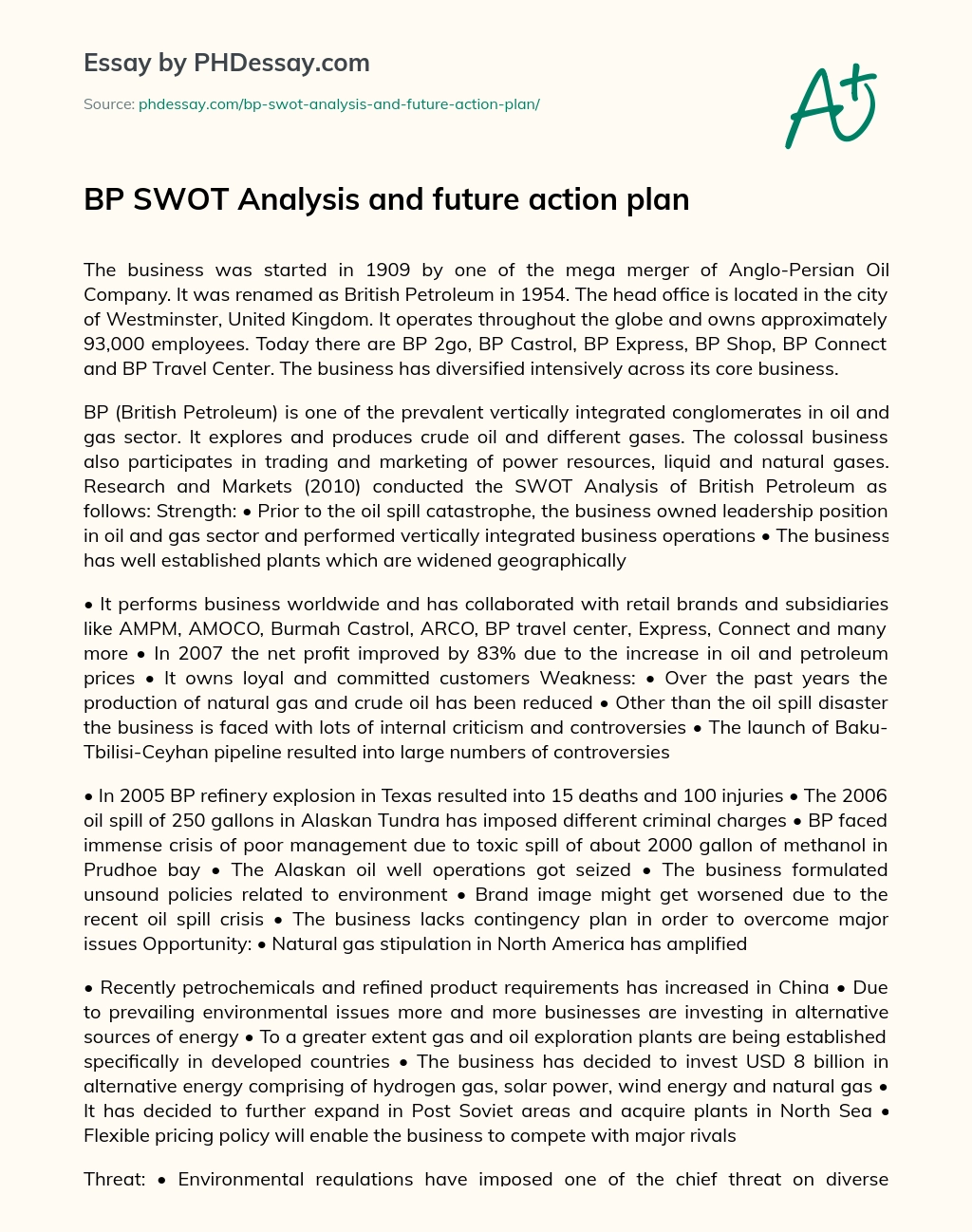 BP SWOT Analysis and future action plan essay