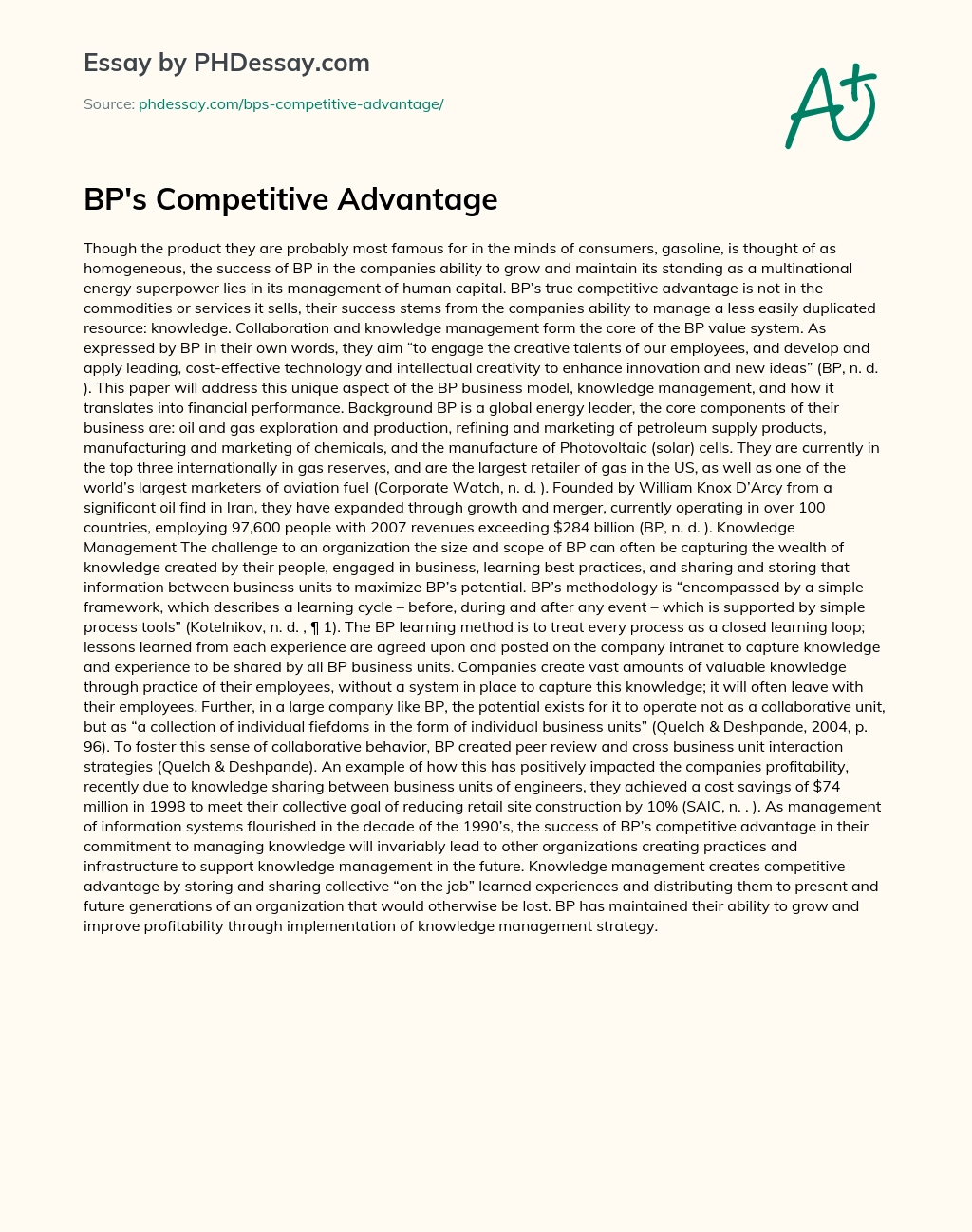 BP’s Competitive Advantage essay