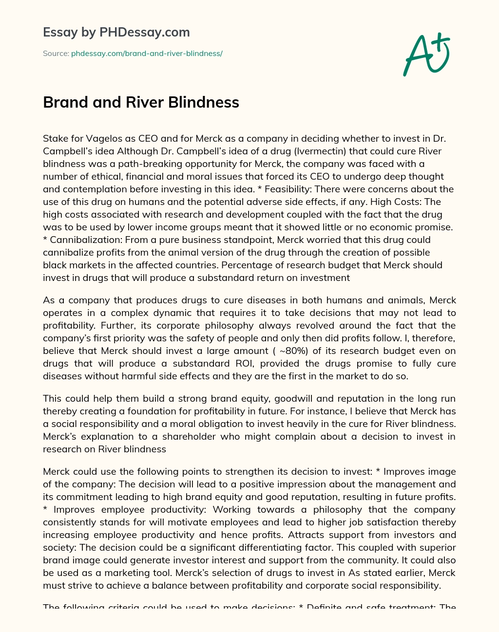 Brand and River Blindness essay