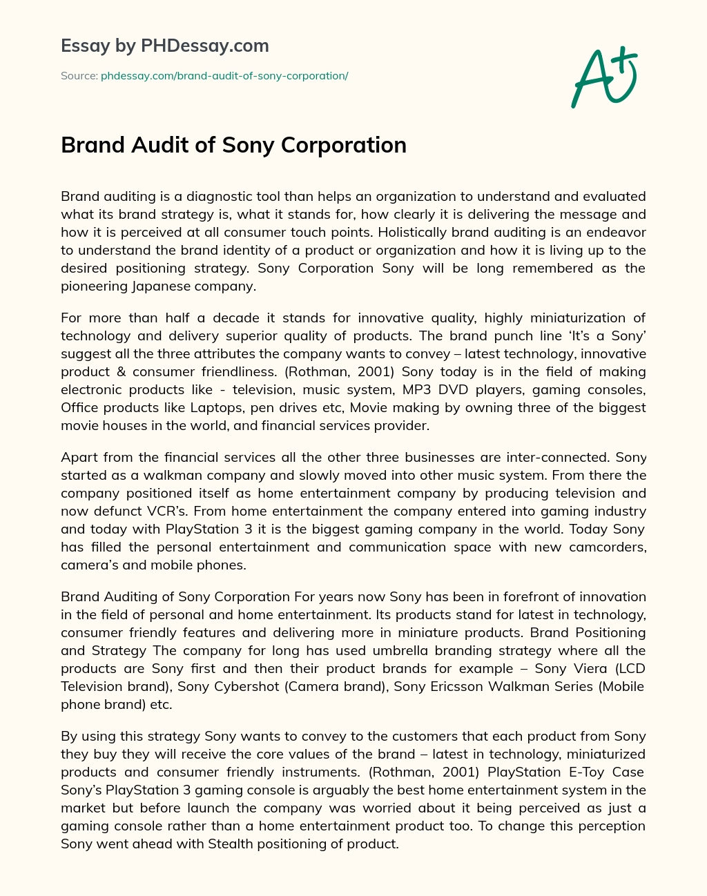 Brand Audit of Sony Corporation essay