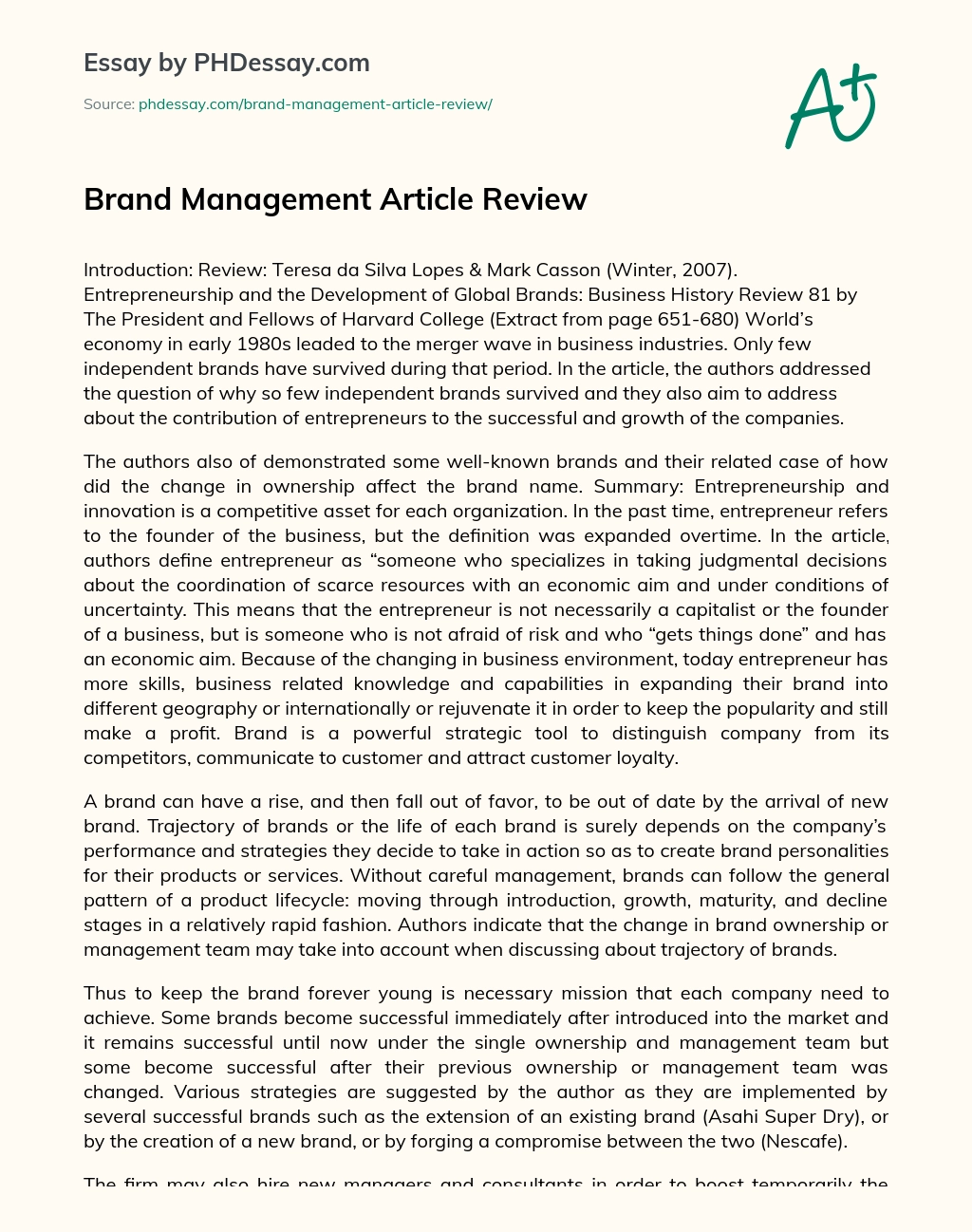 Brand Management Article Review essay