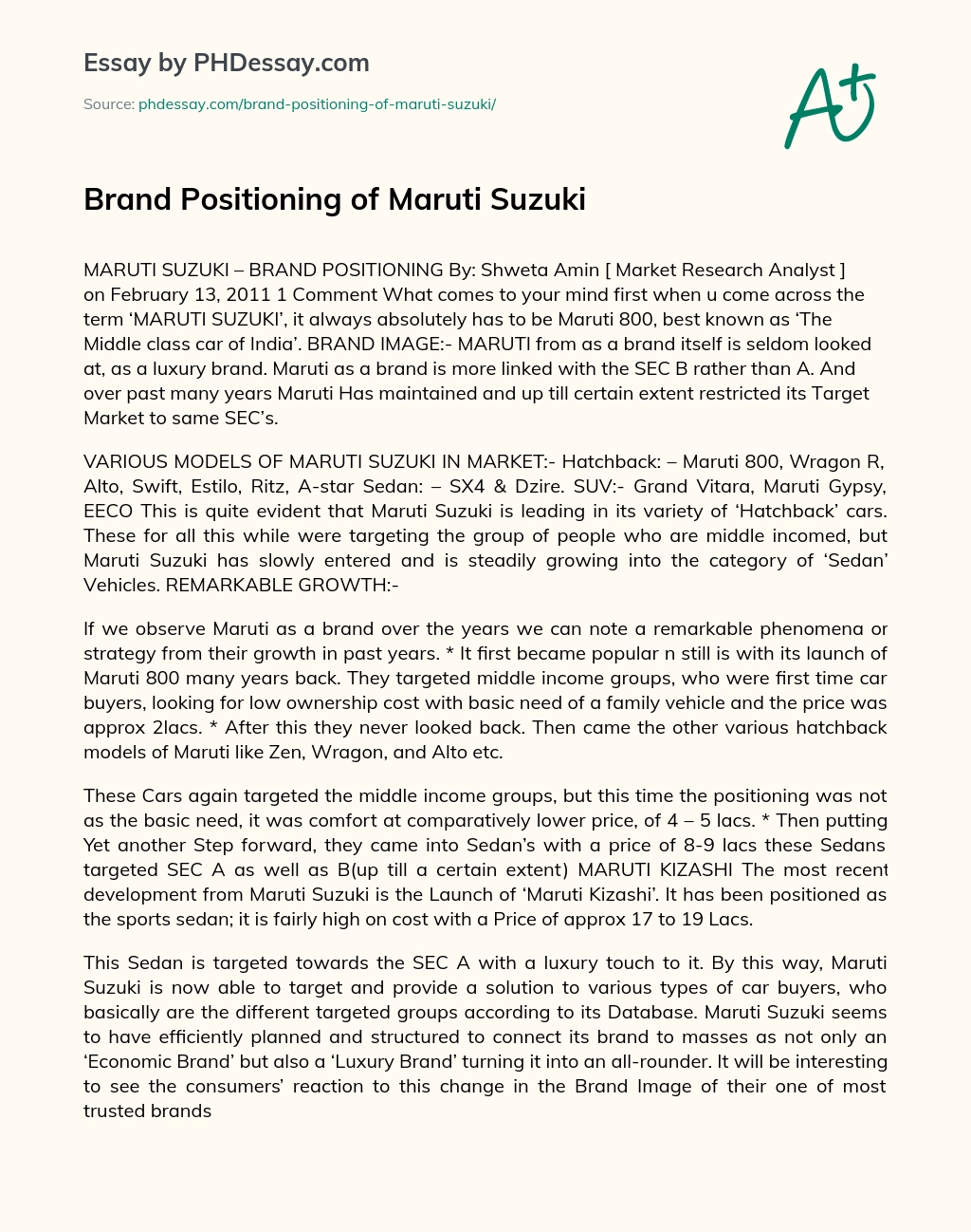 Brand Positioning of Maruti Suzuki essay