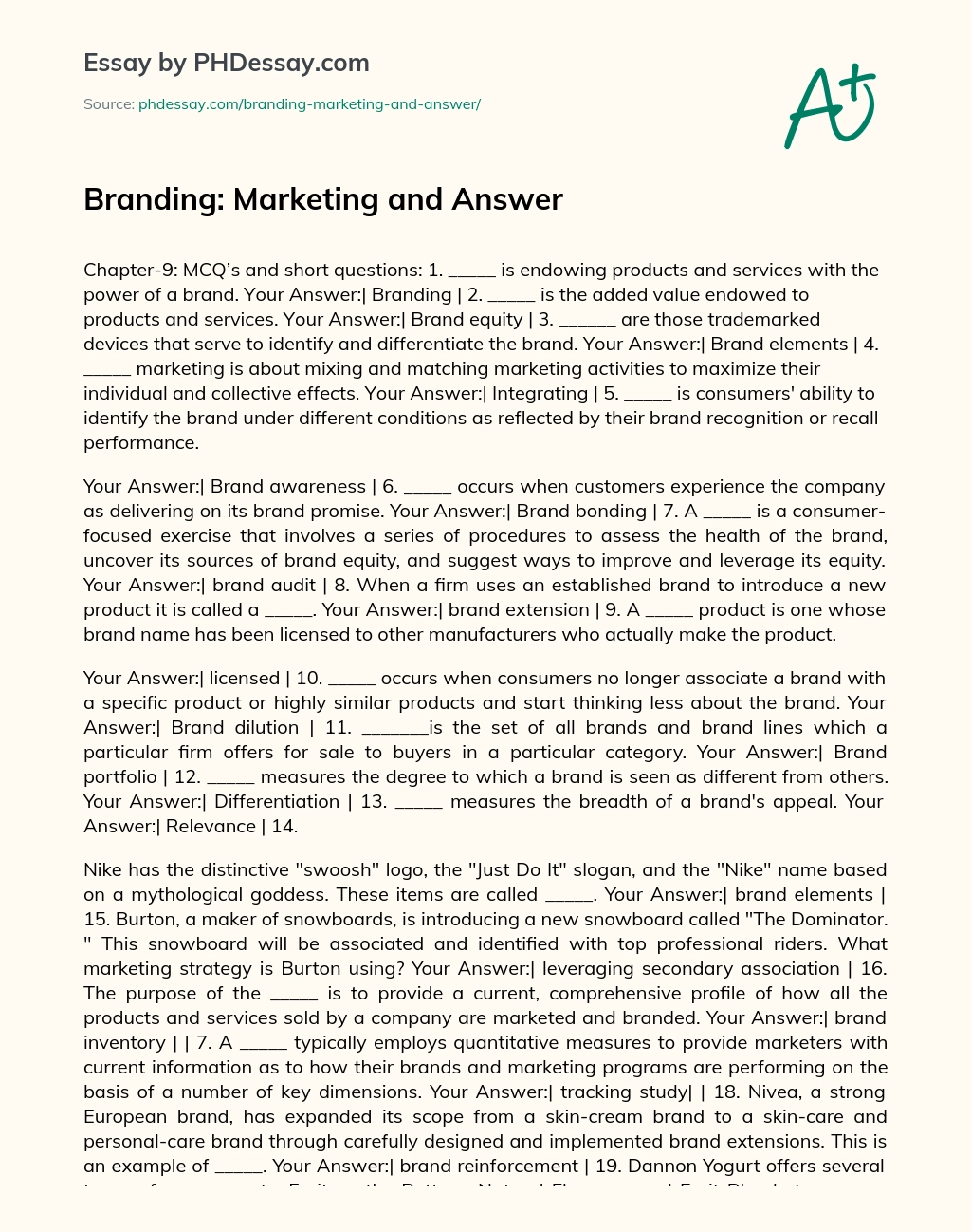 Branding: Marketing and Answer essay