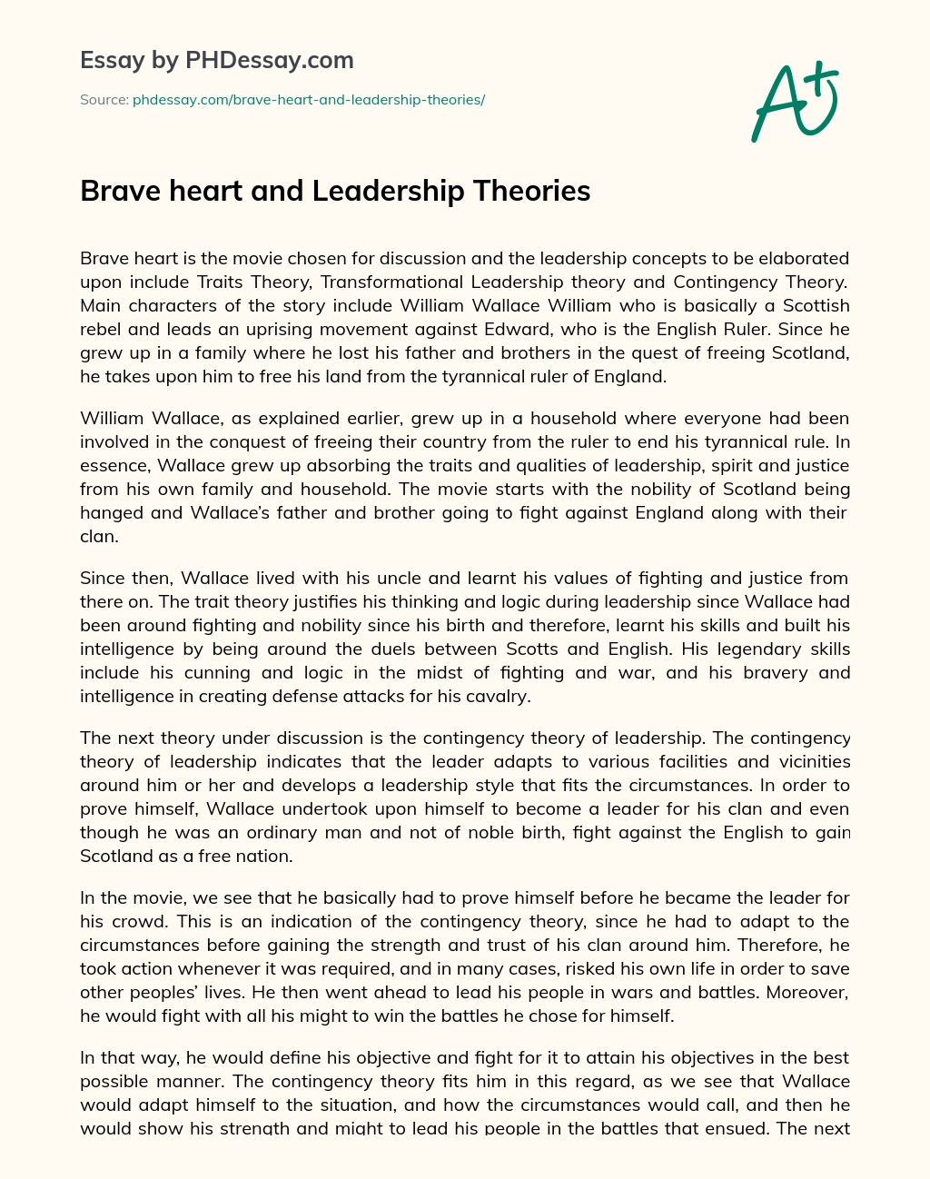 Brave heart and Leadership Theories essay