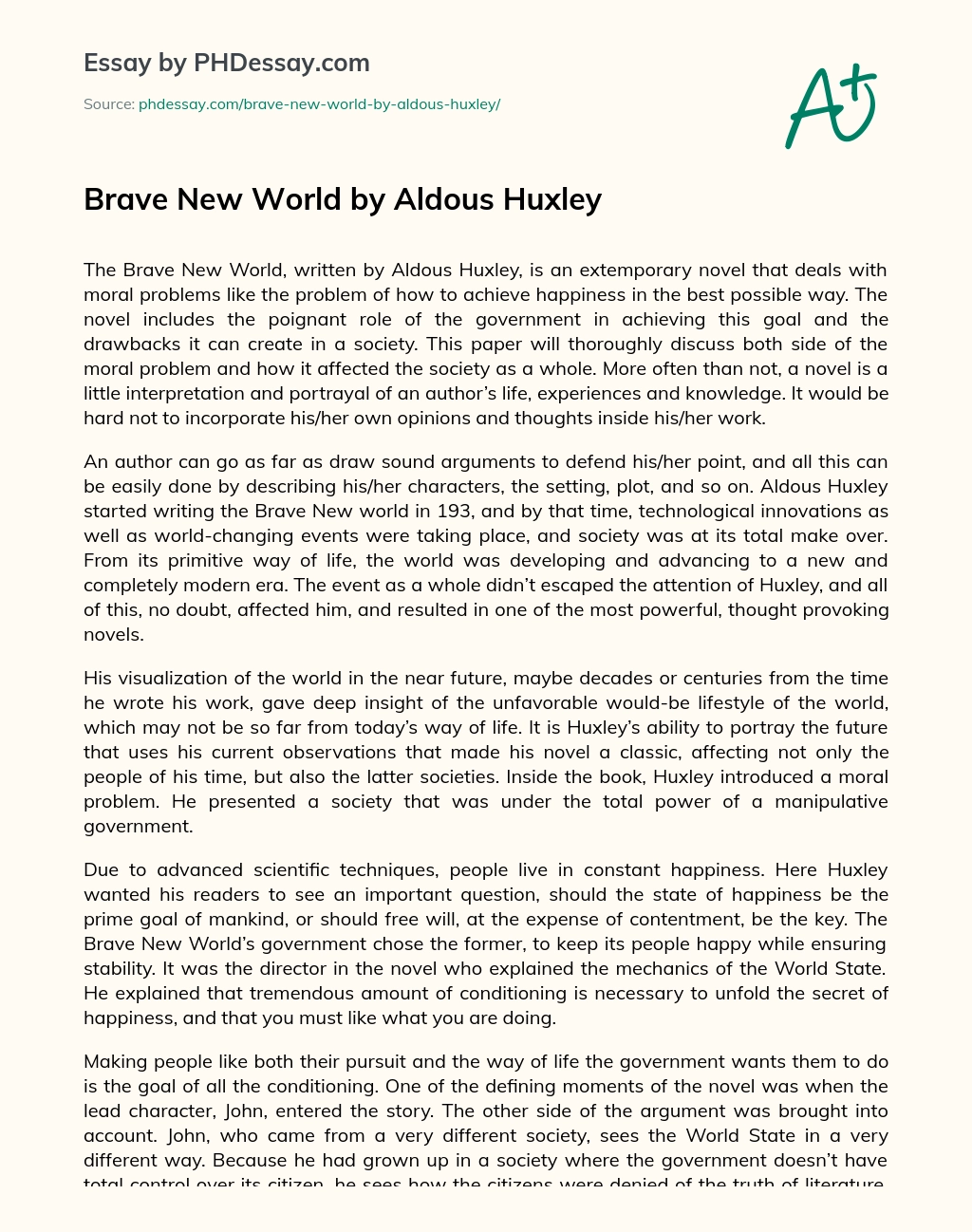 Brave New World by Aldous Huxley essay