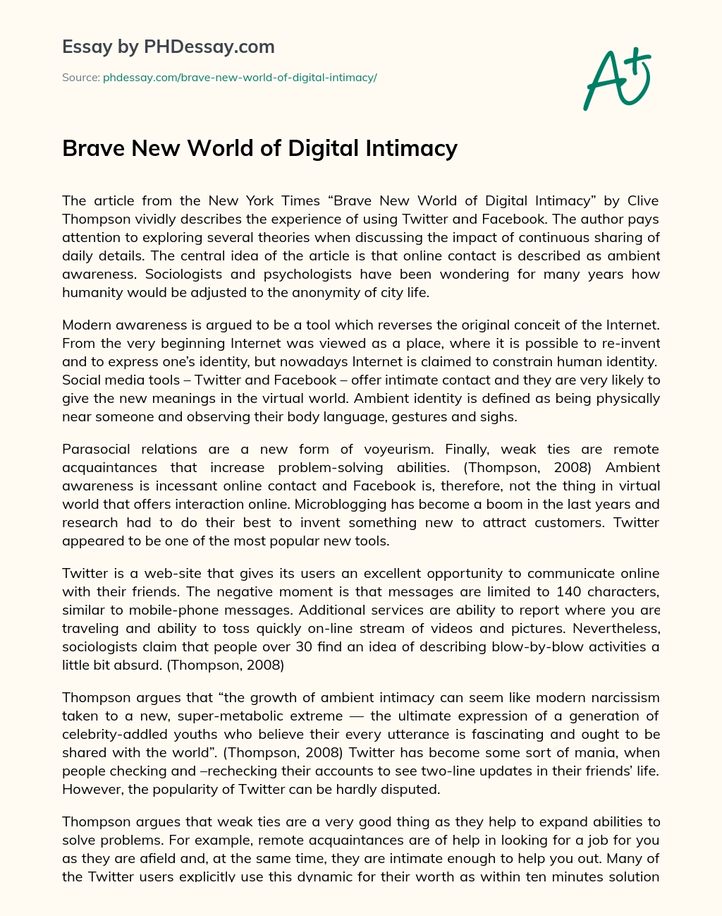 Brave New World of Digital Intimacy essay