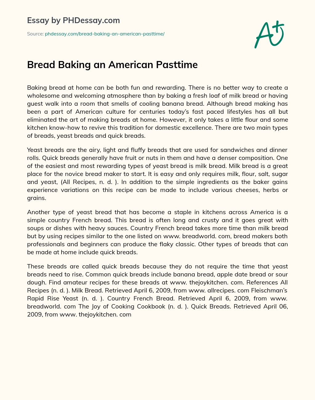 Bread Baking an American Pasttime essay