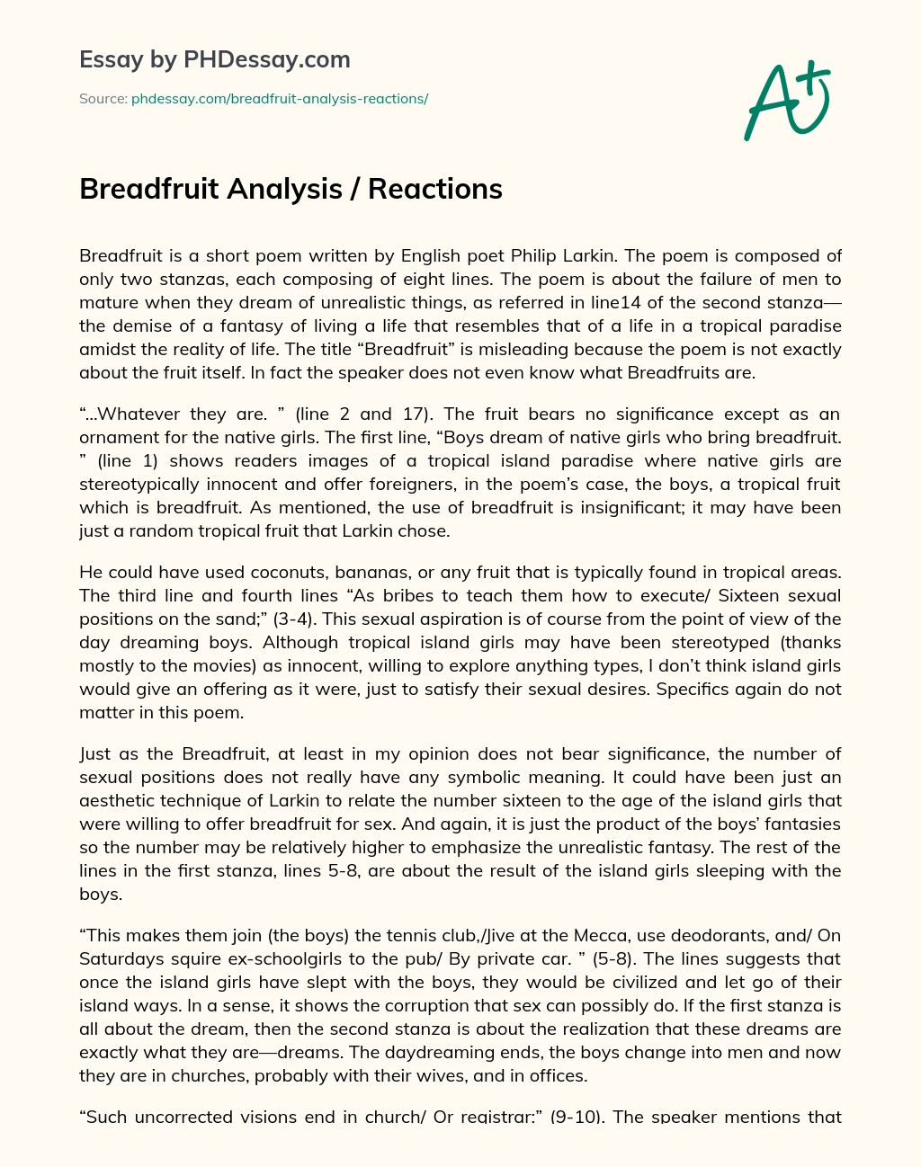 Breadfruit Analysis / Reactions essay