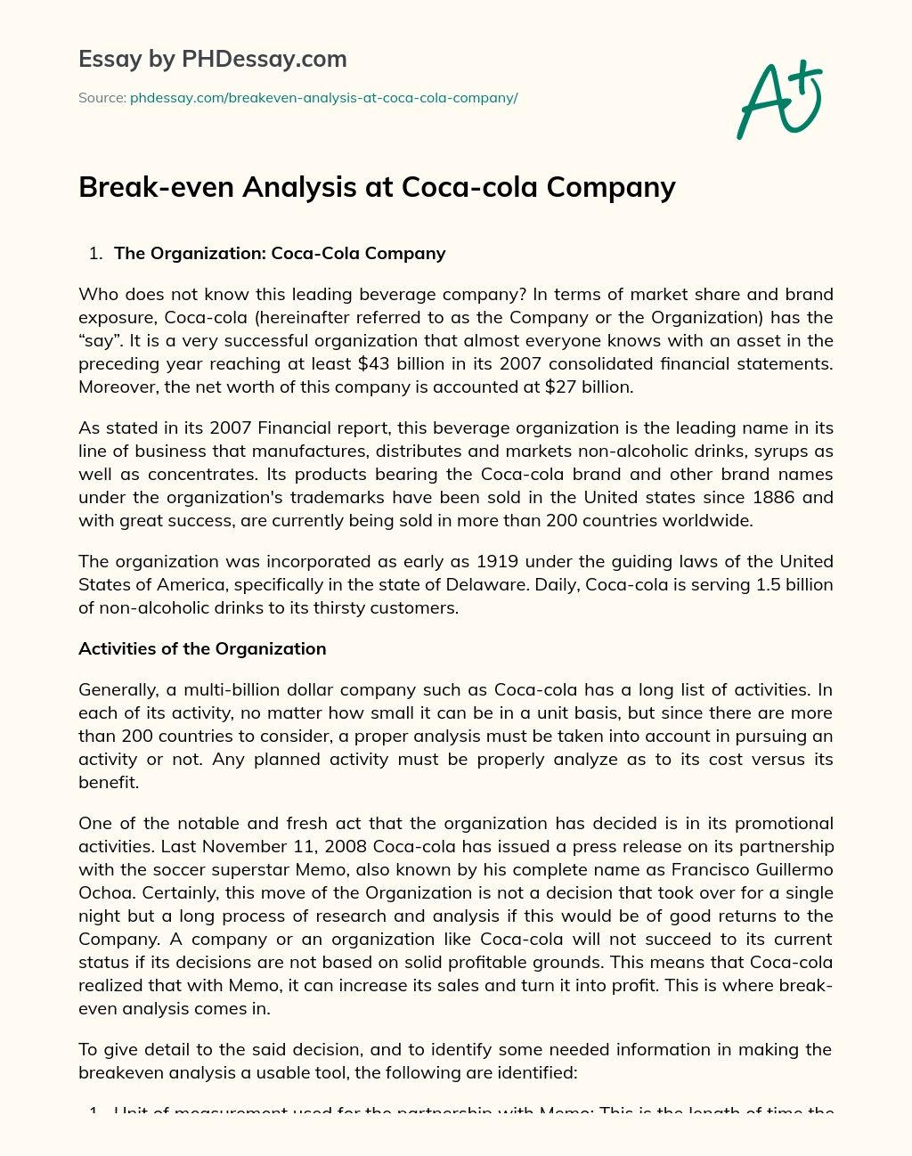 Break-even Analysis at Coca-cola Company essay