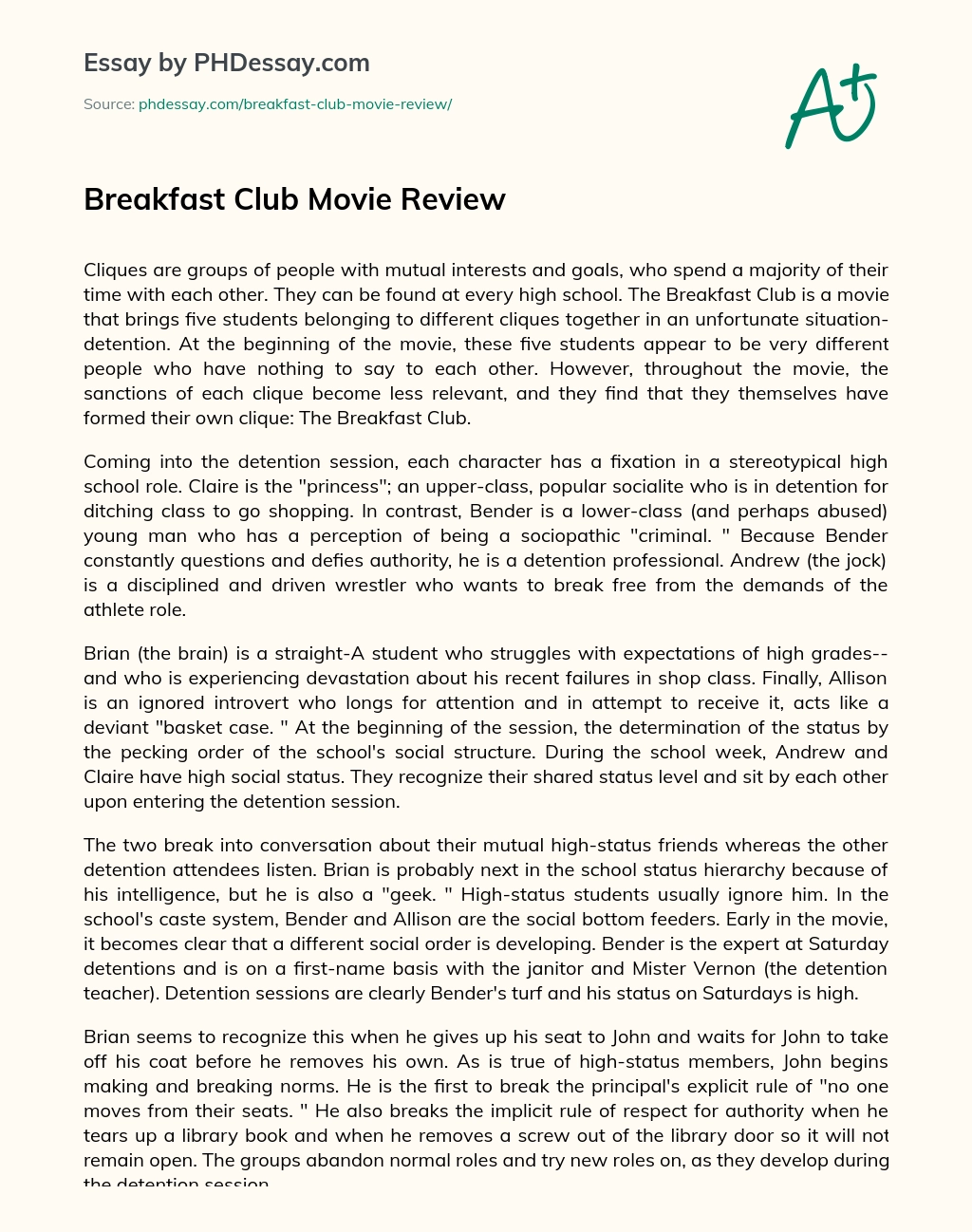 Breakfast Club Movie Review essay