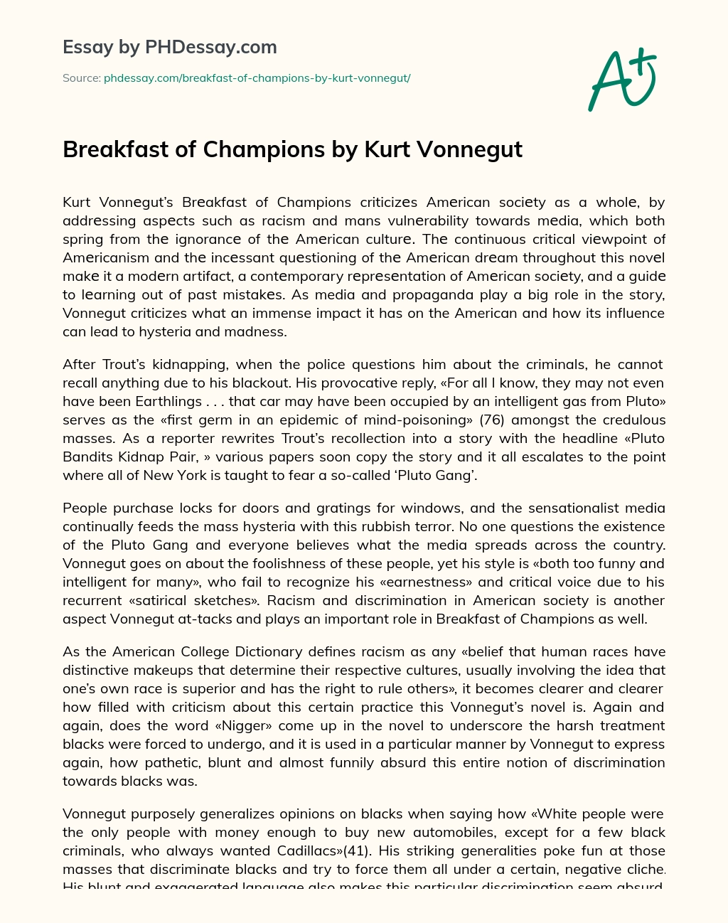 Breakfast of Champions by Kurt Vonnegut essay