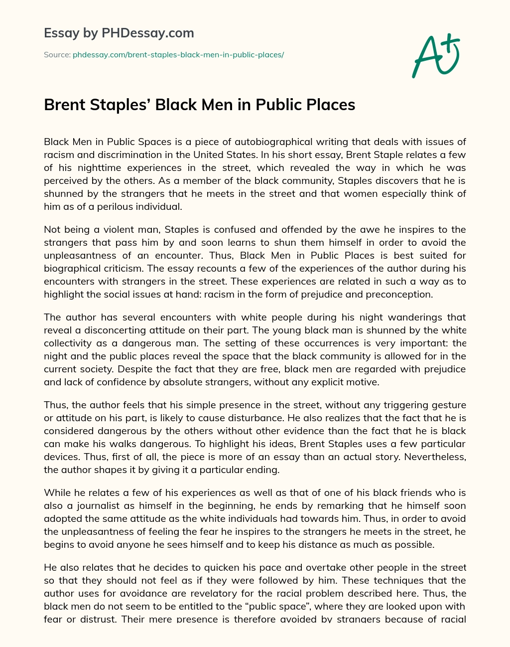 Brent Staples’ Black Men in Public Places essay