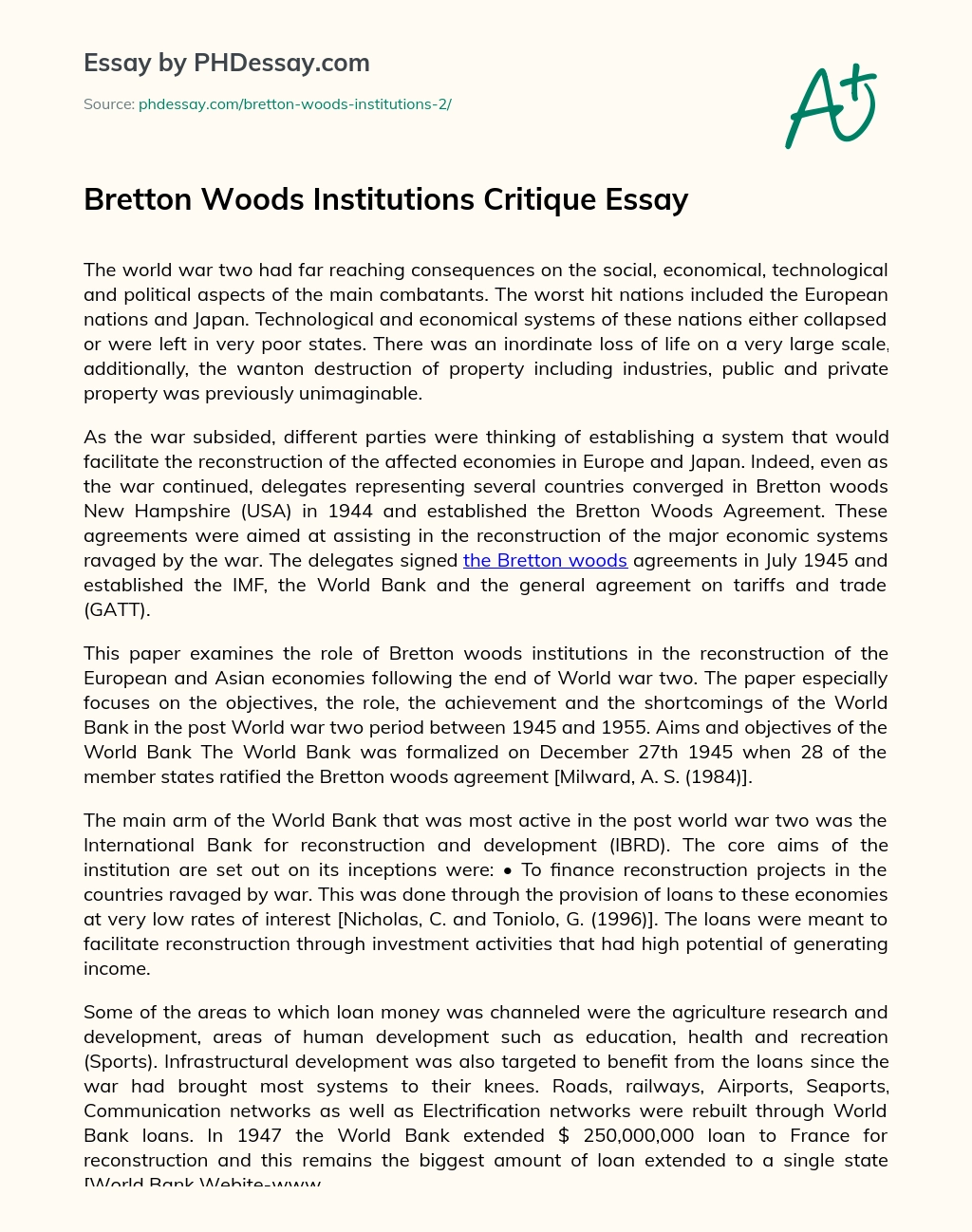 Bretton Woods Institutions Critique Essay essay