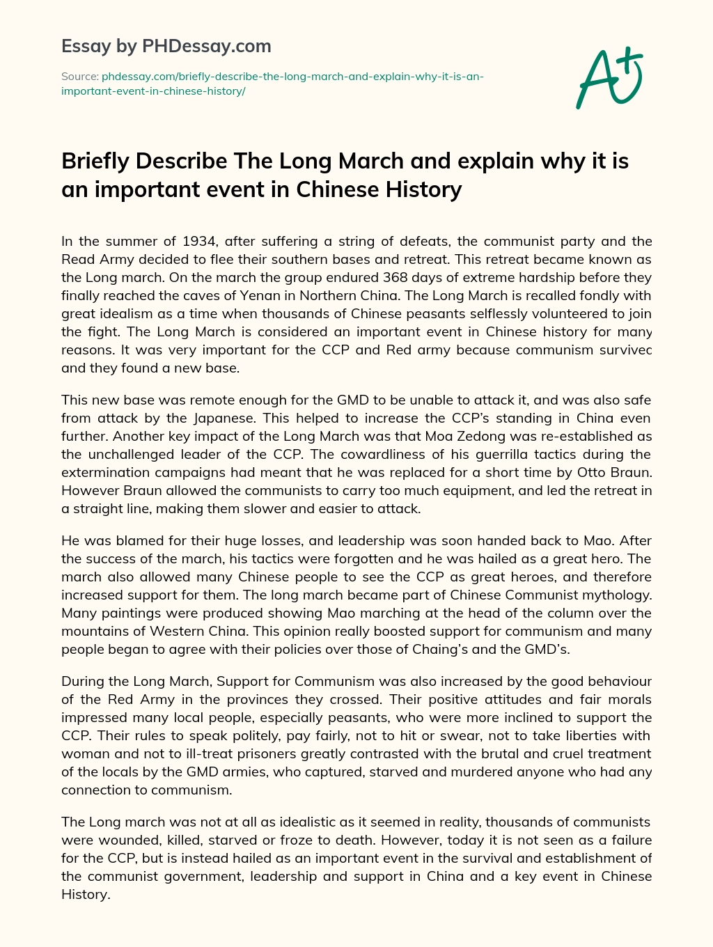 Briefly Describe The Long March and explain why it is an important event in Chinese History essay