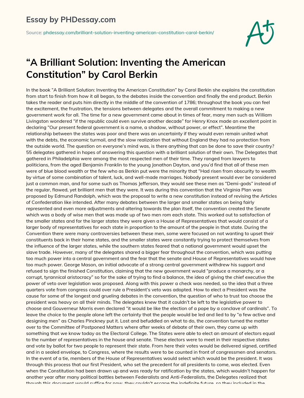 A Brilliant Solution: Inventing the American Constitution by Carol Berkin essay