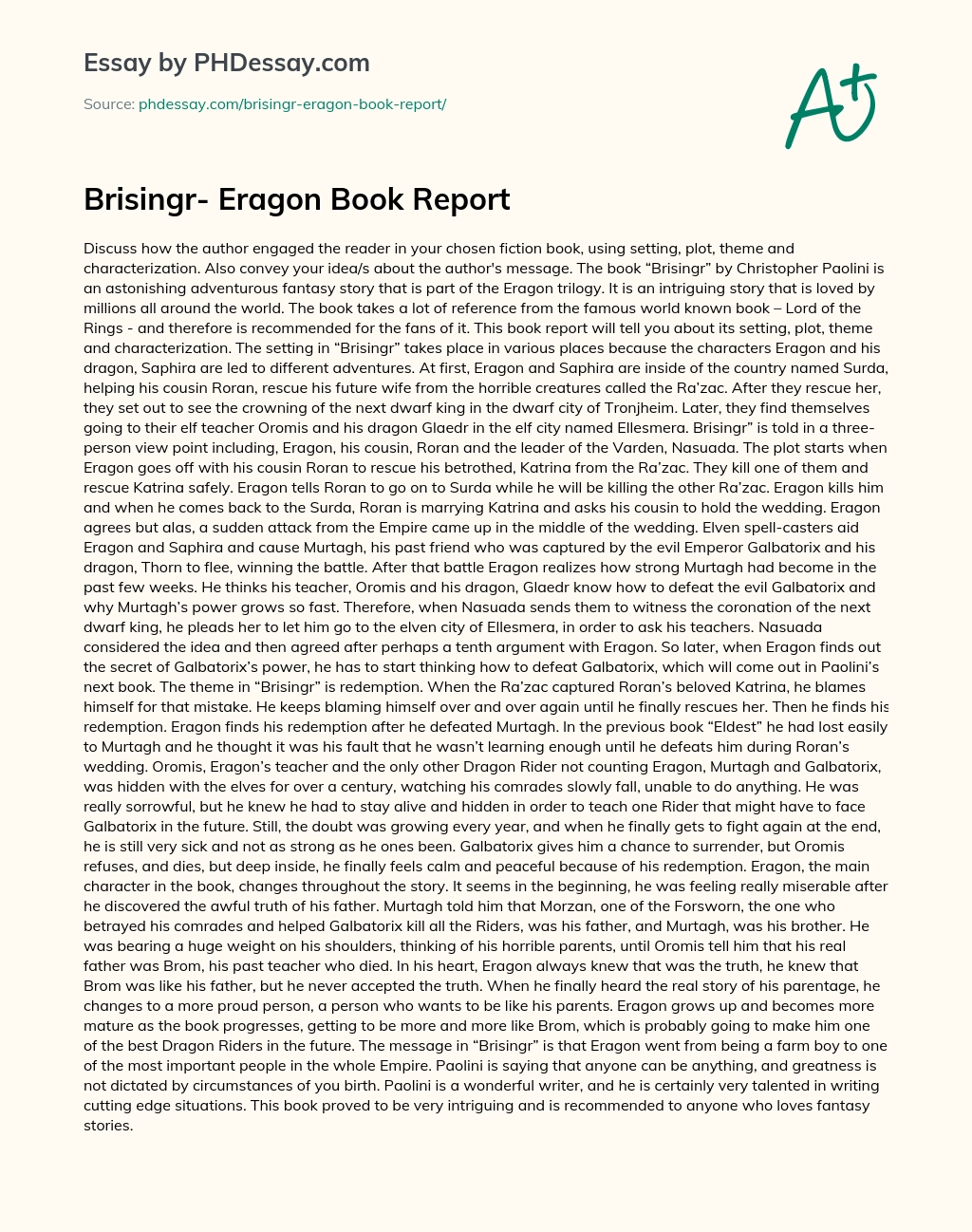 Brisingr- Eragon Book Report essay