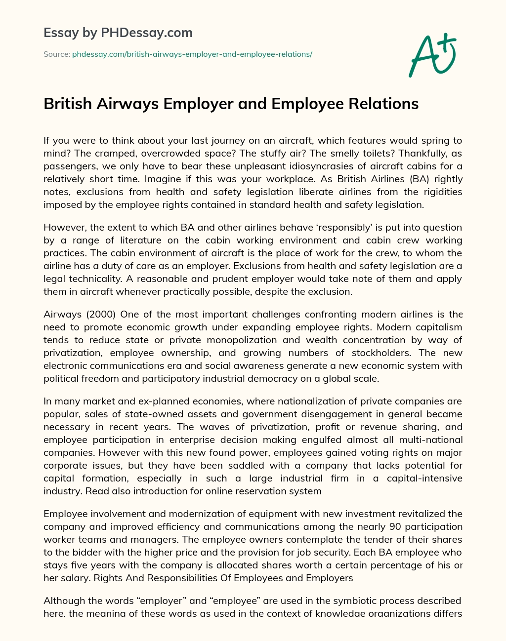 British Airways Employer and Employee Relations essay