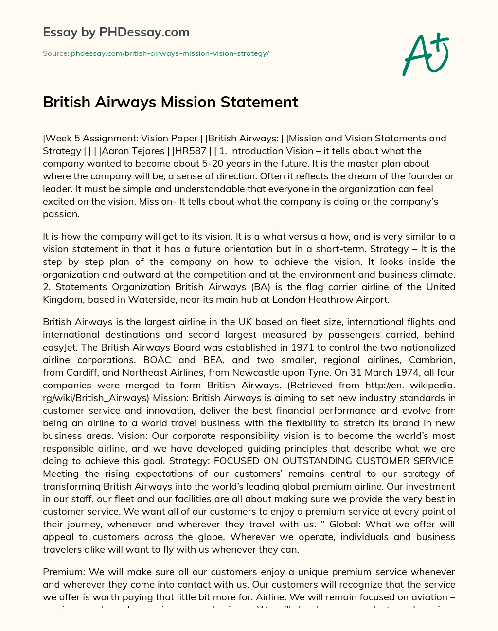 British Airways Mission Statement essay
