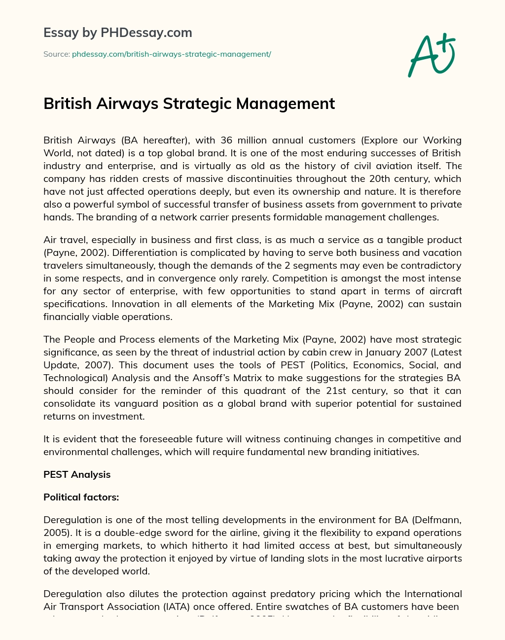 British Airways Strategic Management essay
