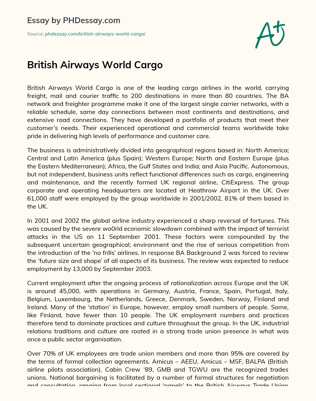 British Airways World Cargo essay