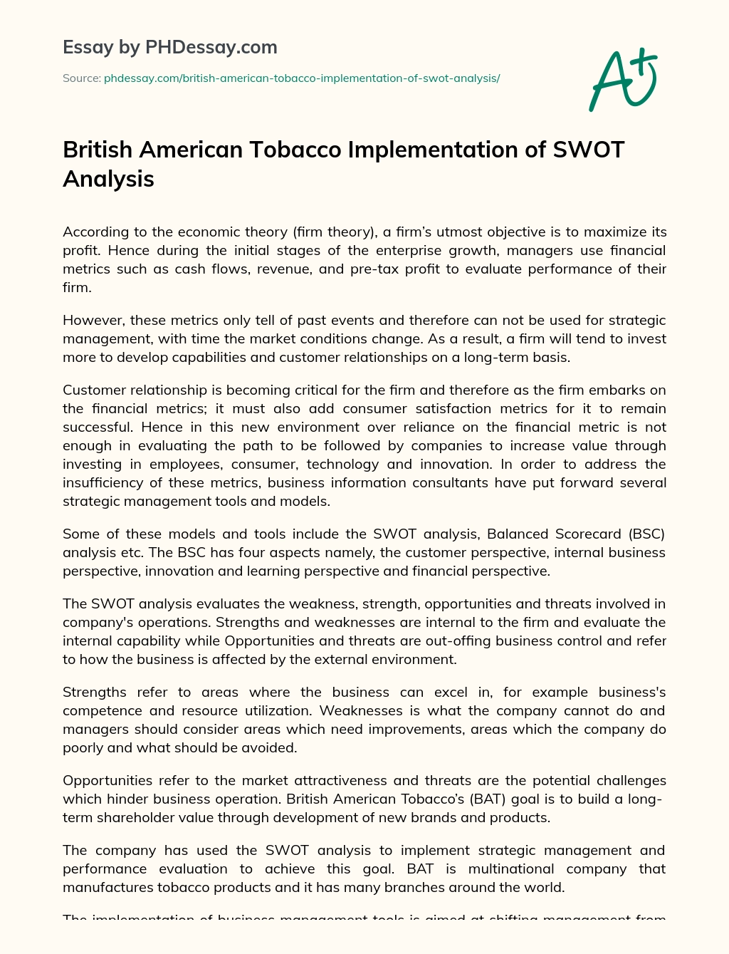 British American Tobacco Implementation of SWOT Analysis essay