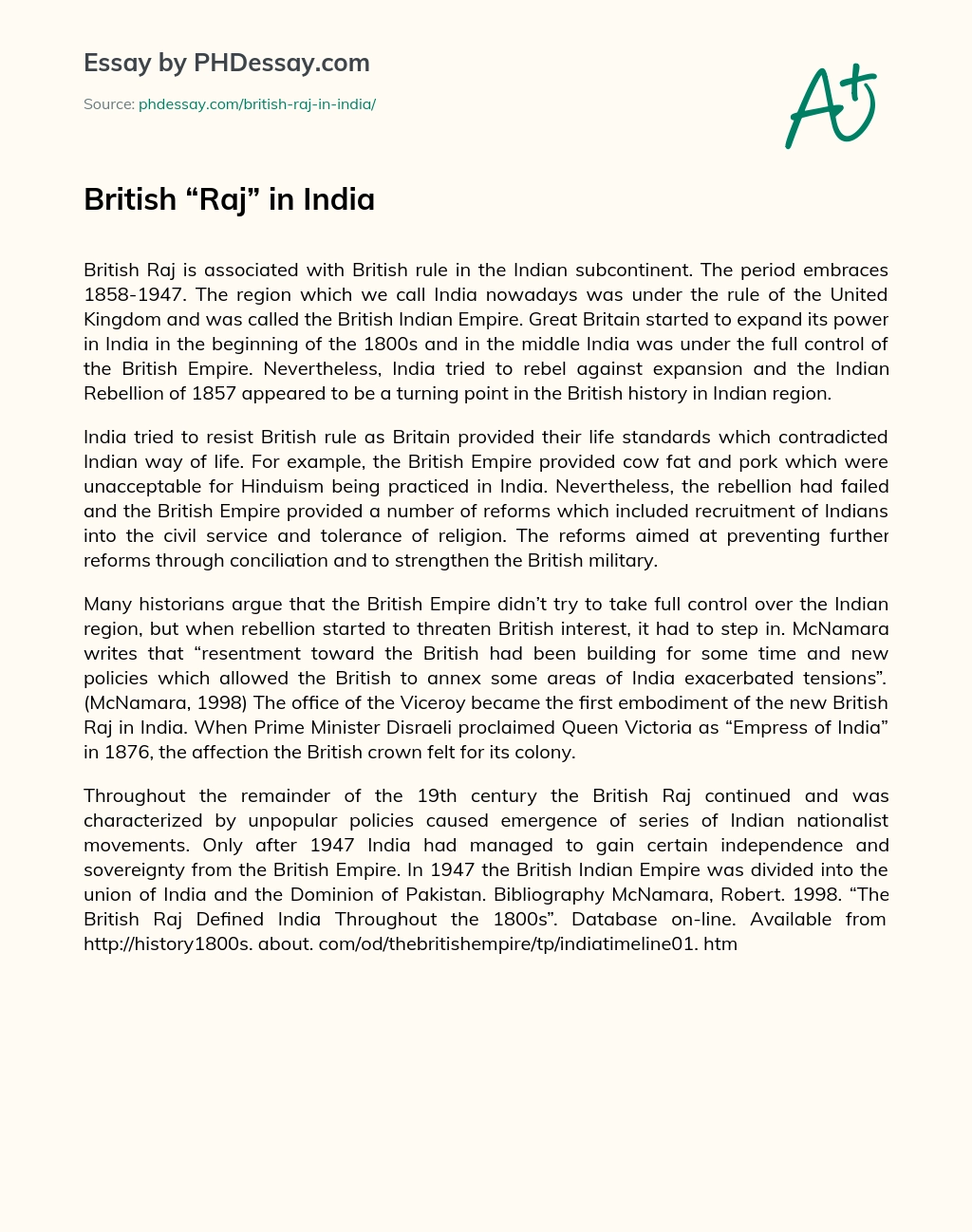 British “Raj” in India essay