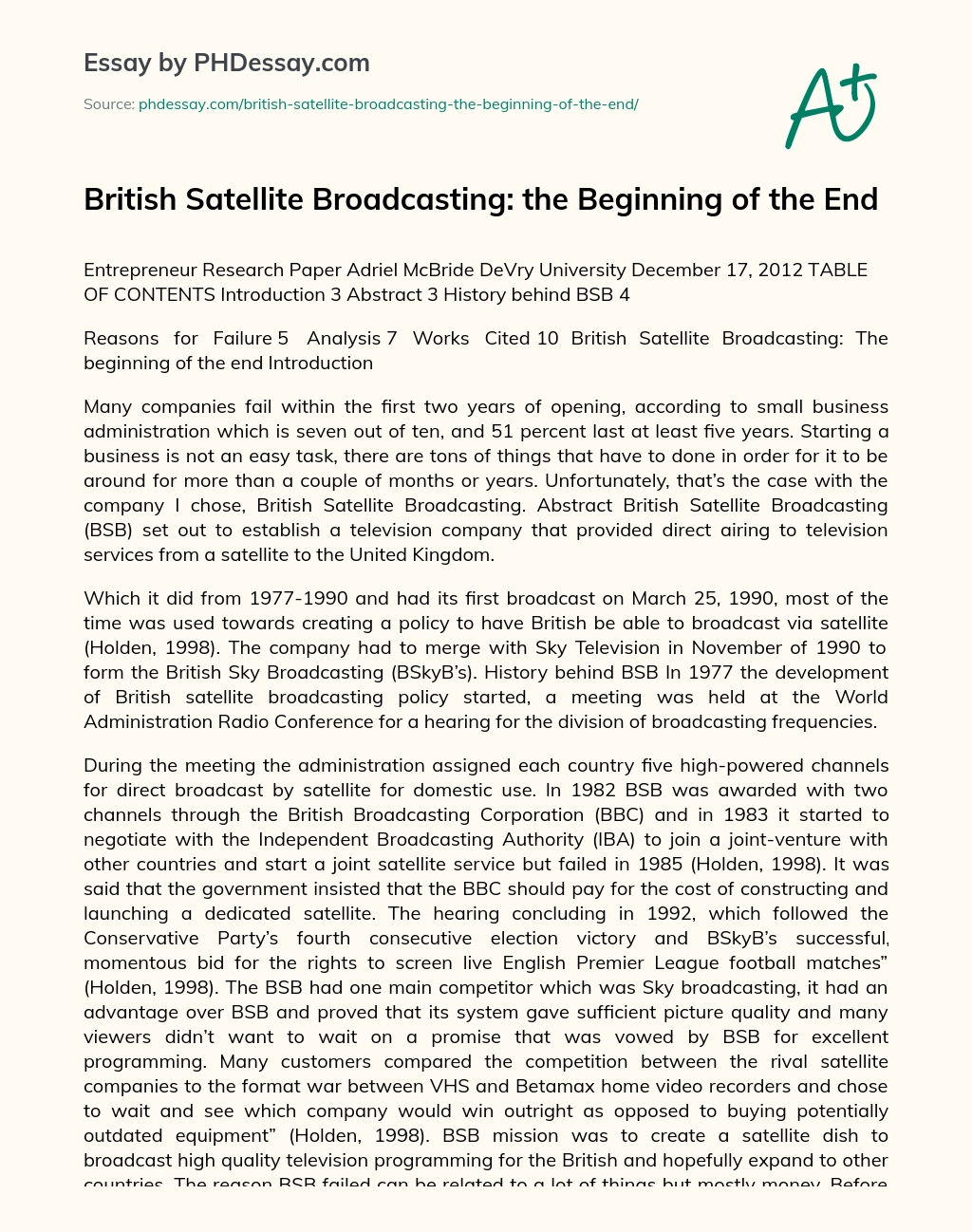British Satellite Broadcasting: the Beginning of the End essay