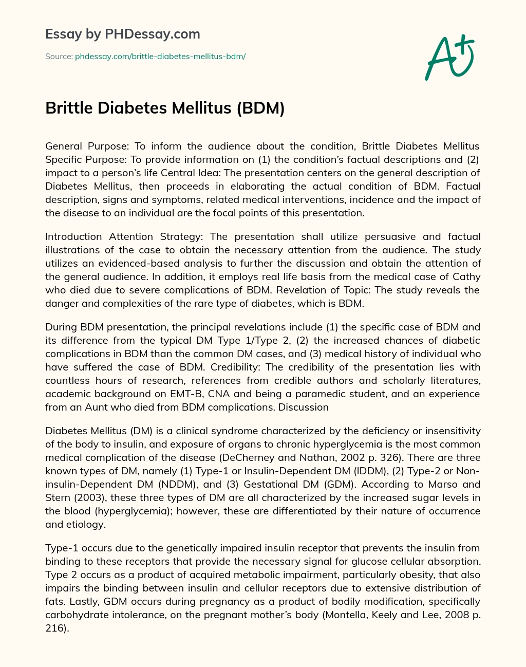 Brittle Diabetes Mellitus (BDM) essay