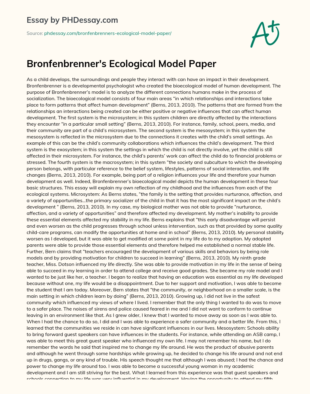 Bronfenbrenner’s Ecological Model Paper essay