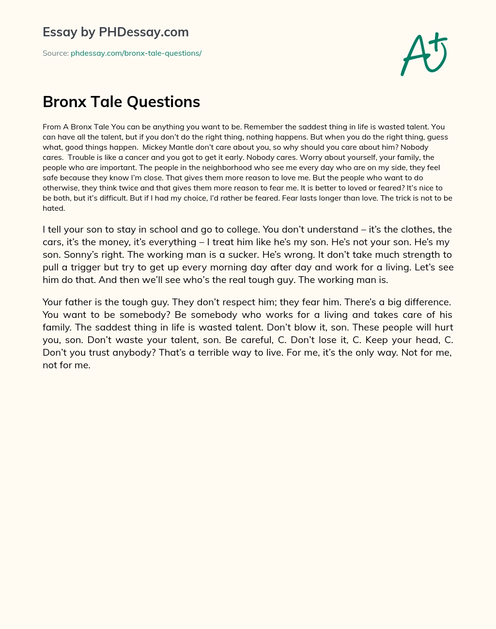 Bronx Tale Questions essay