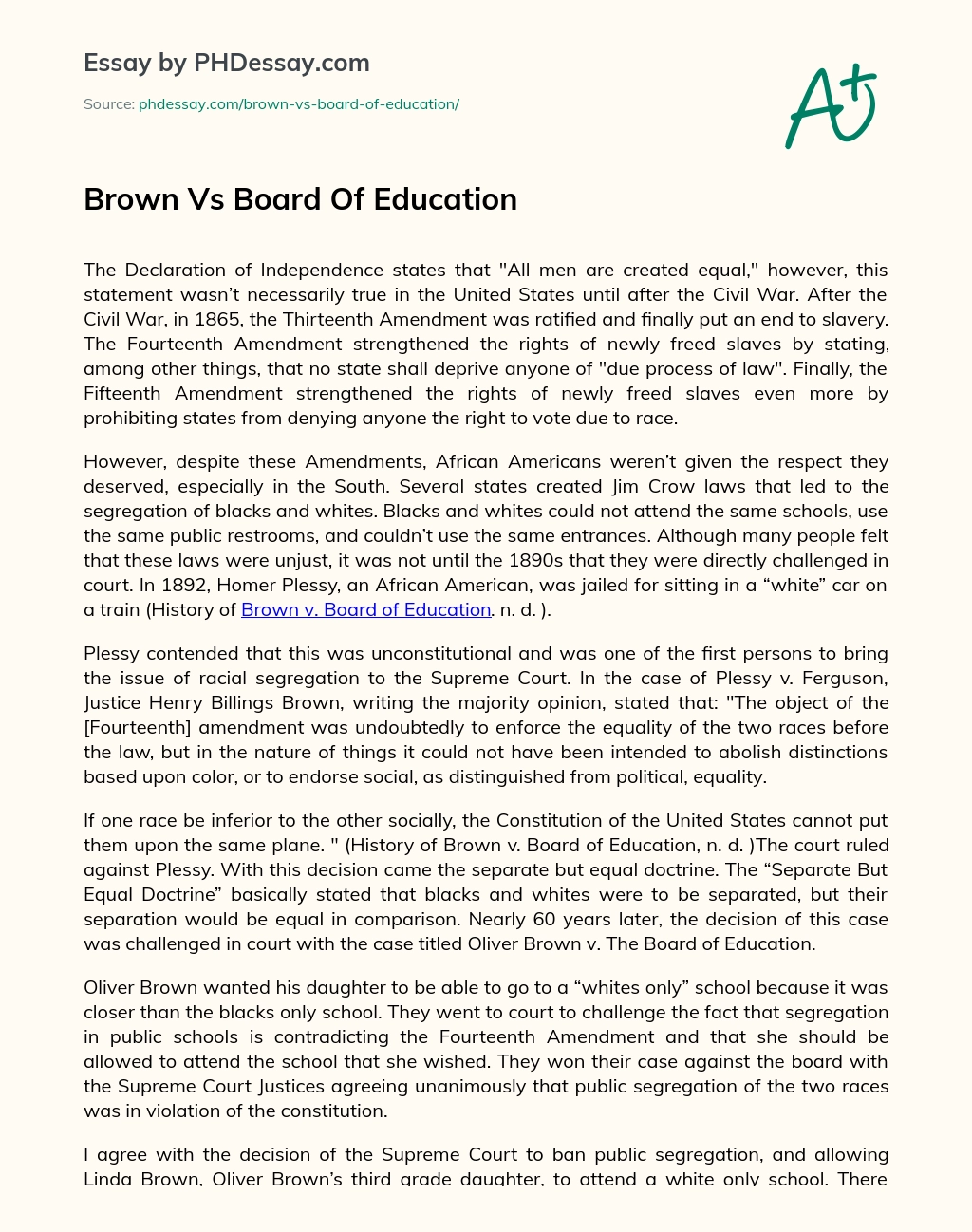 Brown Vs Board Of Education essay