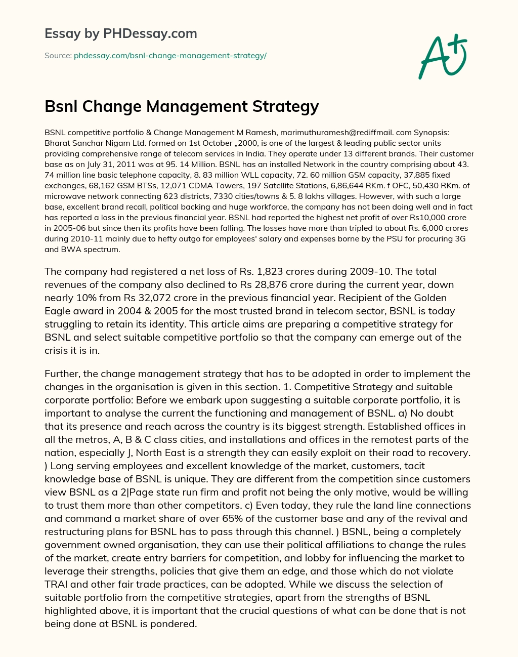 Bsnl Change Management Strategy essay