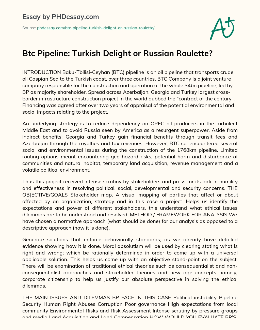 Btc Pipeline: Turkish Delight or Russian Roulette? essay