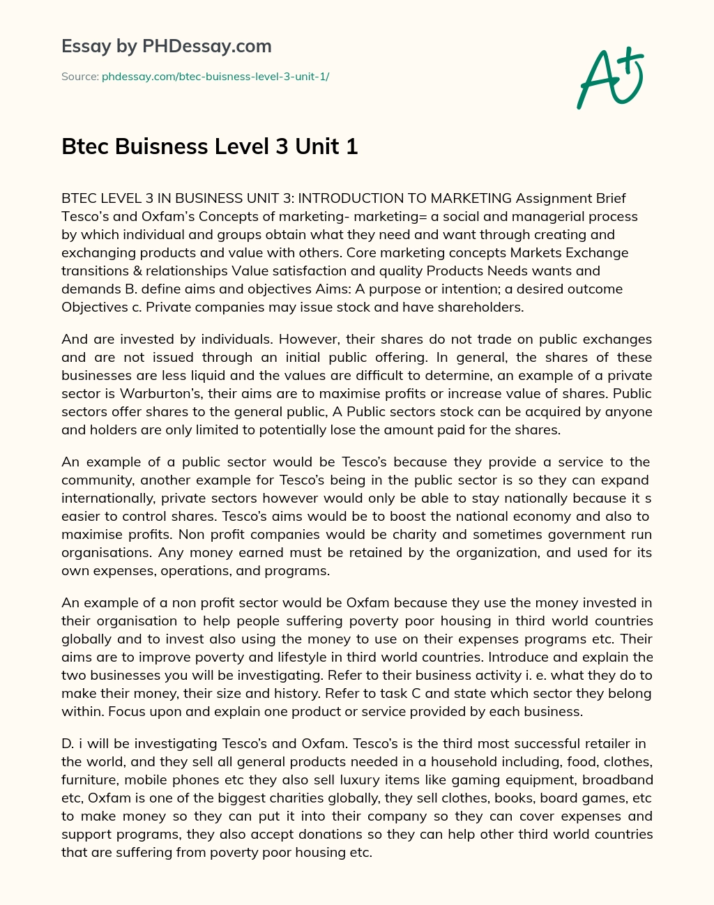 Btec Buisness Level 3 Unit 1 essay