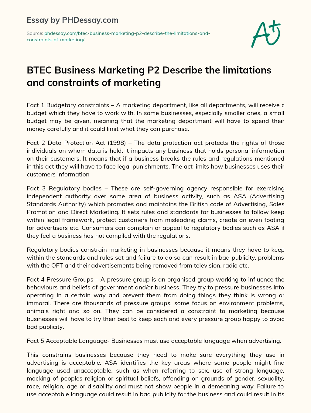 BTEC Business Marketing P2 Describe the limitations and constraints of marketing essay