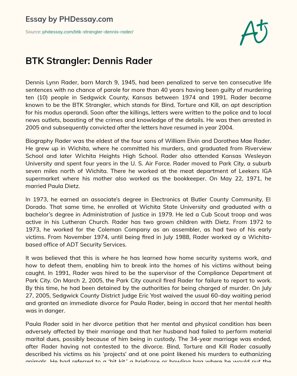 BTK Strangler: Dennis Rader essay