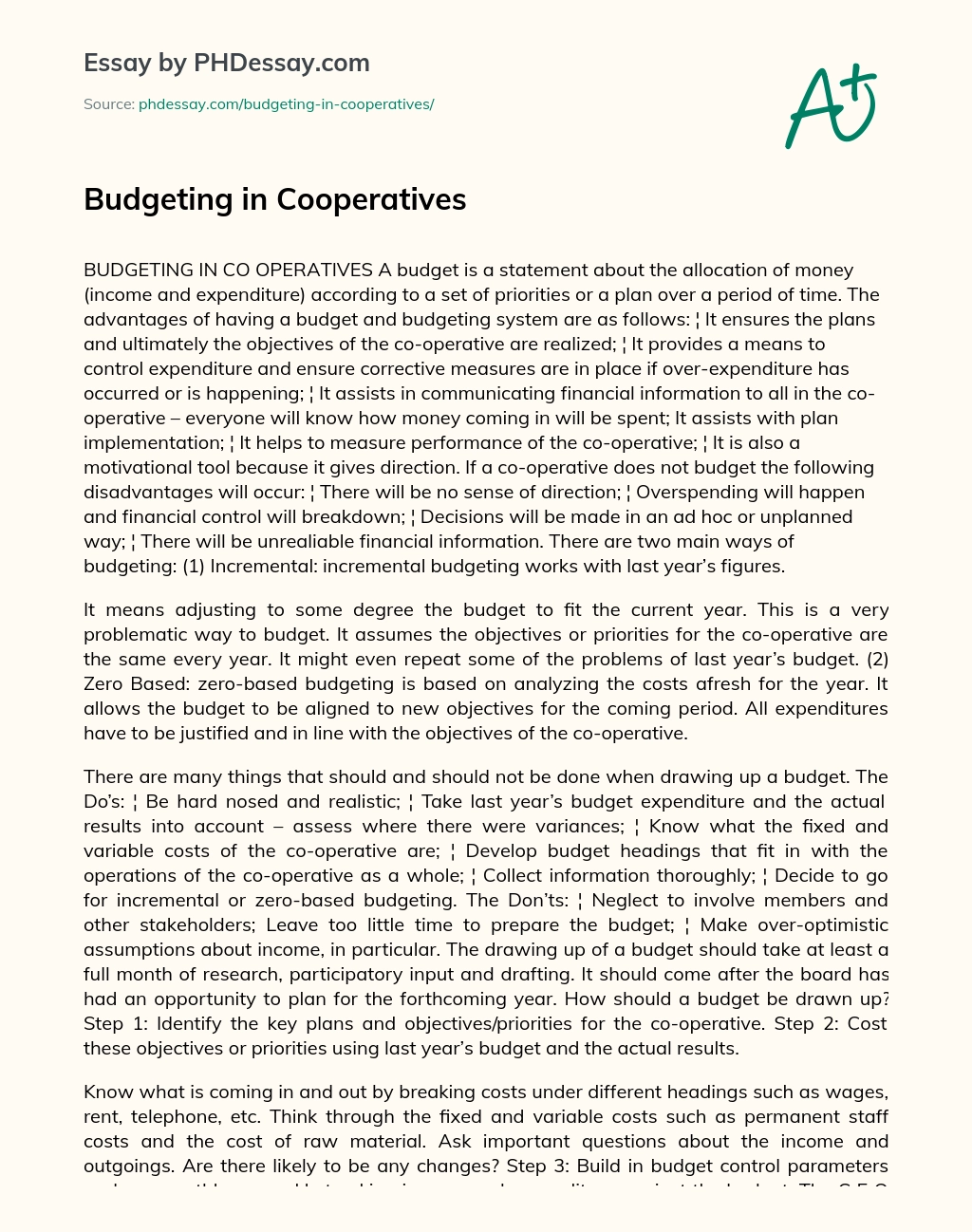 Budgeting in Cooperatives essay