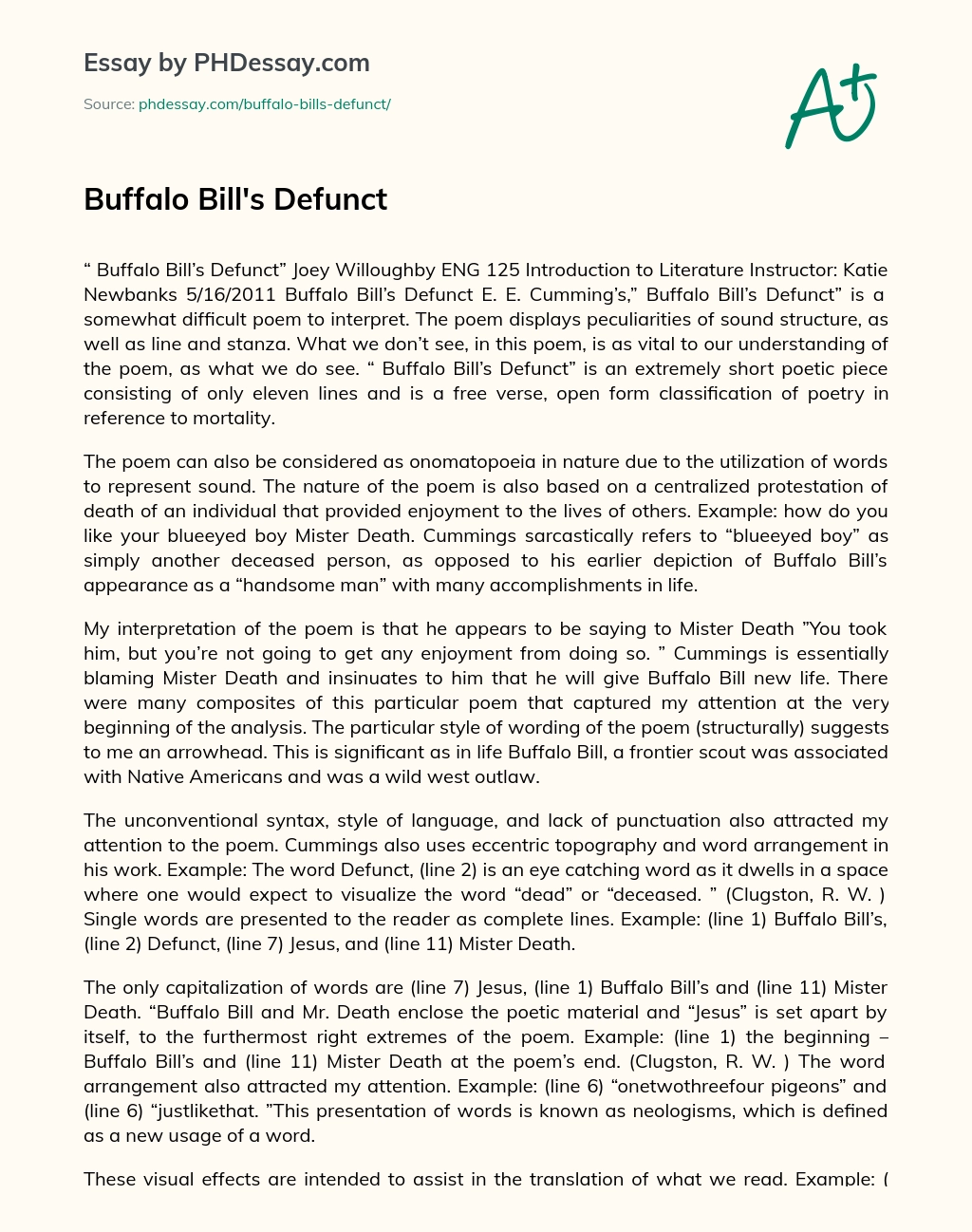 Buffalo Bill’s Defunct essay