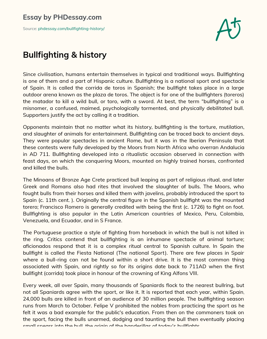 Bullfighting & history essay