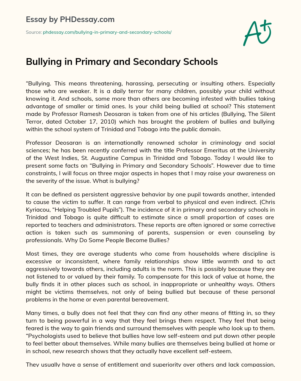 Bullying in Primary and Secondary Schools essay