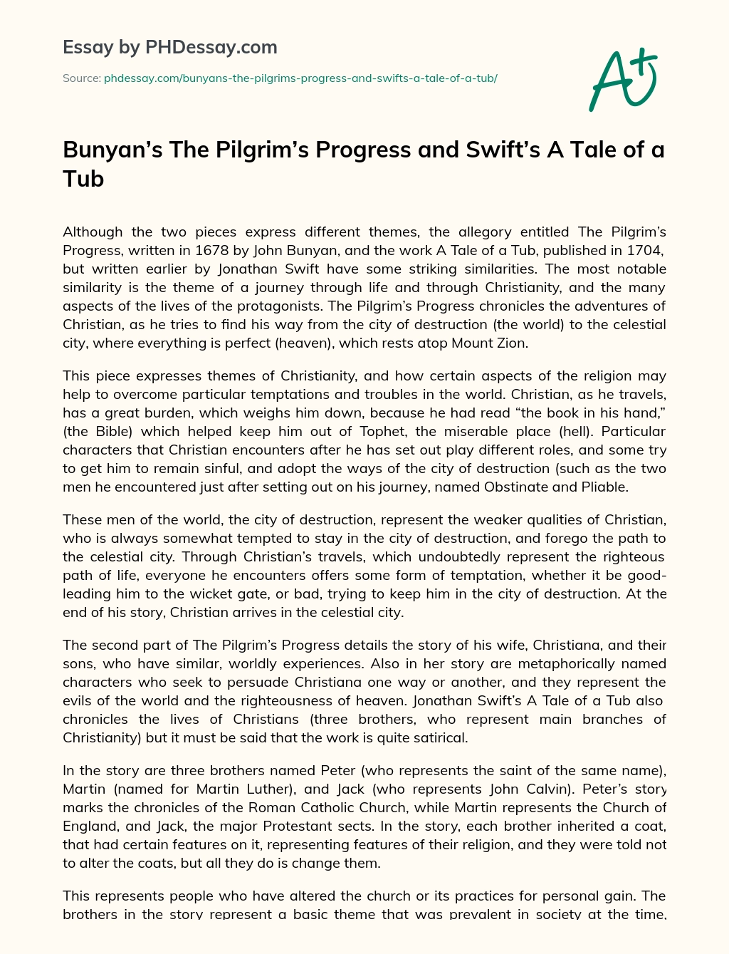 Bunyan’s The Pilgrim’s Progress and Swift’s A Tale of a Tub essay